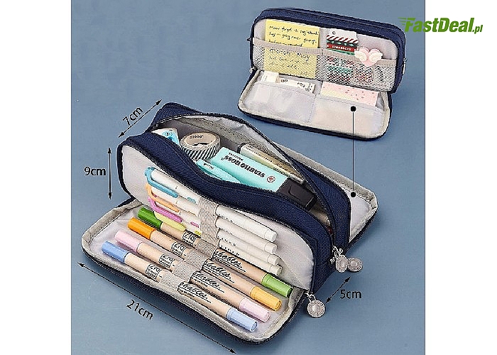 Pojemny piórnik z podwójnym dnem i trzema komorami ułatwiającymi segregację artykułów biurowych