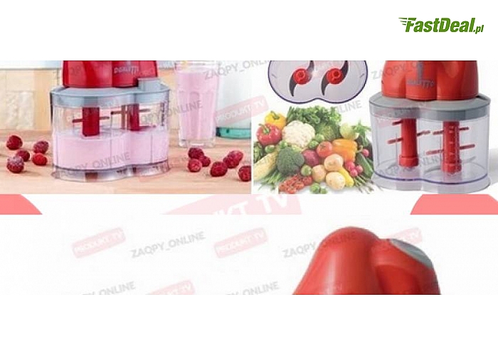 BLENDER-MIKSER DUALETTO – jedno urządzenie które pracuje jak za trzech: rozdrabnia, miesza, miksuje, kruszy, roztrzepuje, ubija i przygotowuje mnóstwo rozmaitych dań, mięs, napojów, koktajli, deserów oraz sałatek! (99 zł)