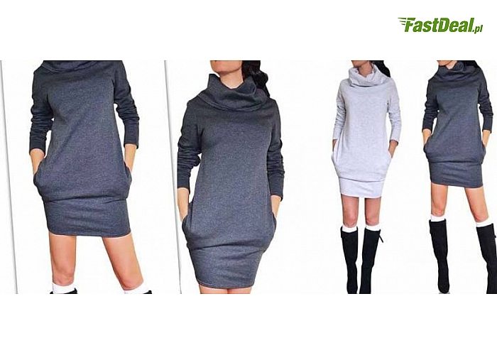 CIEPŁA SUKIENKA DRESOWA TYPU TUBA z DUŻYM, LUŹNYM GOLFEM. Idealna na zimę. 2 kolory i 2 rozmiary do wyboru. Model 659 (39 zł)