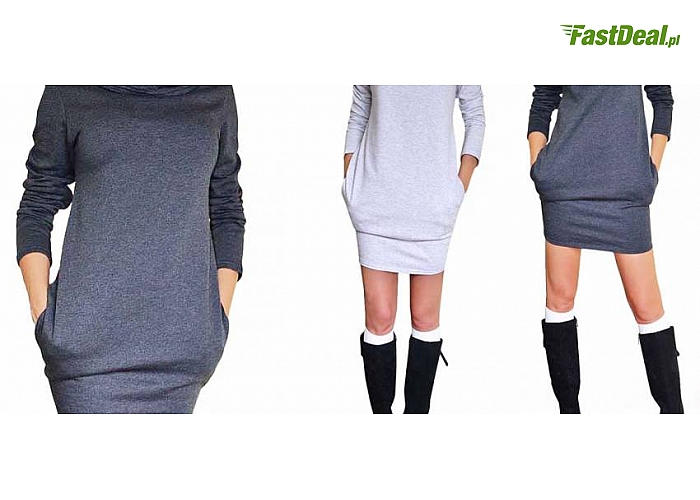 CIEPŁA SUKIENKA DRESOWA TYPU TUBA z DUŻYM, LUŹNYM GOLFEM. Idealna na zimę. 2 kolory i 2 rozmiary do wyboru. Model 659 (39 zł)