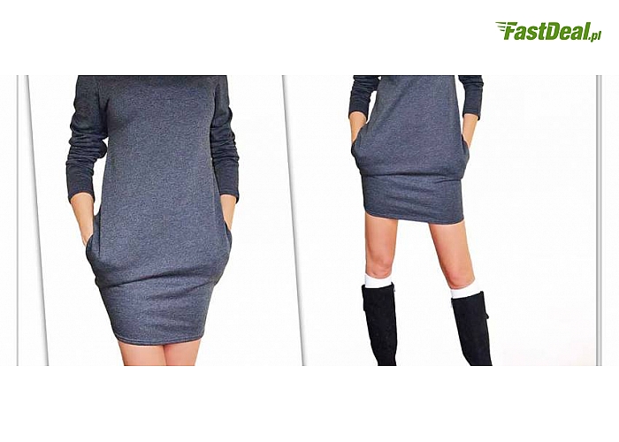 CIEPŁA SUKIENKA DRESOWA TYPU TUBA z DUŻYM, LUŹNYM GOLFEM. Idealna na zimę. 2 kolory i 2 rozmiary do wyboru. Model 659 (39 zł)