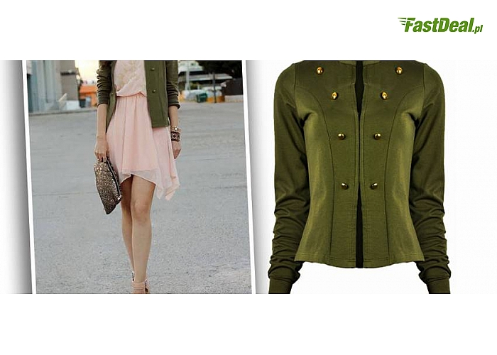 Militarny ŻAKIET ze złotymi guzikami! Idealnie skrojony z wysokiej jakości materiału! Zapinany na haftki! Pasuje zarówno do zwiewnych sukienek, jak i długich spodni! (39 zł)