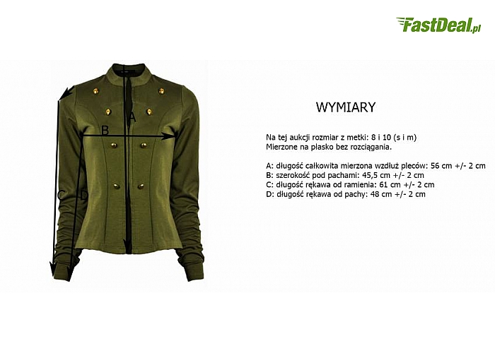 Militarny ŻAKIET ze złotymi guzikami! Idealnie skrojony z wysokiej jakości materiału! Zapinany na haftki! Pasuje zarówno do zwiewnych sukienek, jak i długich spodni! (39 zł)