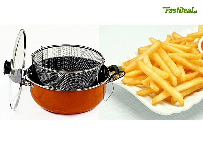 Garnek do smażenia frytek w zestawie z metalowym sitkiem ELM 78! Wykonany ze stali nierdzewnej! Powłoka Non Stick! (36 zł)
