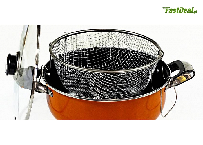 Garnek do smażenia frytek w zestawie z metalowym sitkiem ELM 78! Wykonany ze stali nierdzewnej! Powłoka Non Stick! (36 zł)