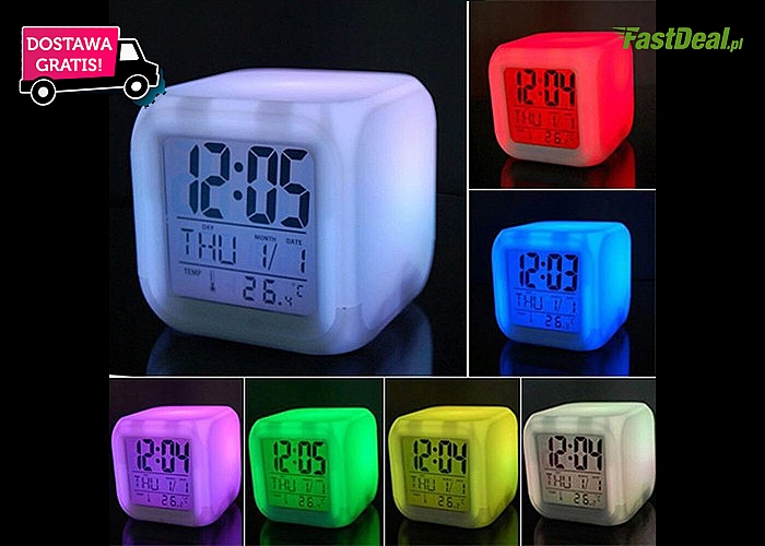 Zegarek, budzik, kalendarz i termometr w jednym urządzeniu!  Świecący kameleon LED.