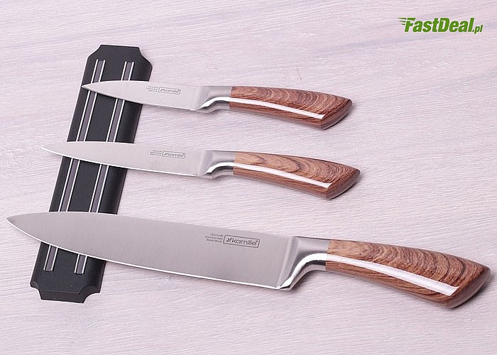 Solidne noże niezbędne w każdej kuchni. Elegancki komplet składający się z3 noży oraz listwy magnetycznej