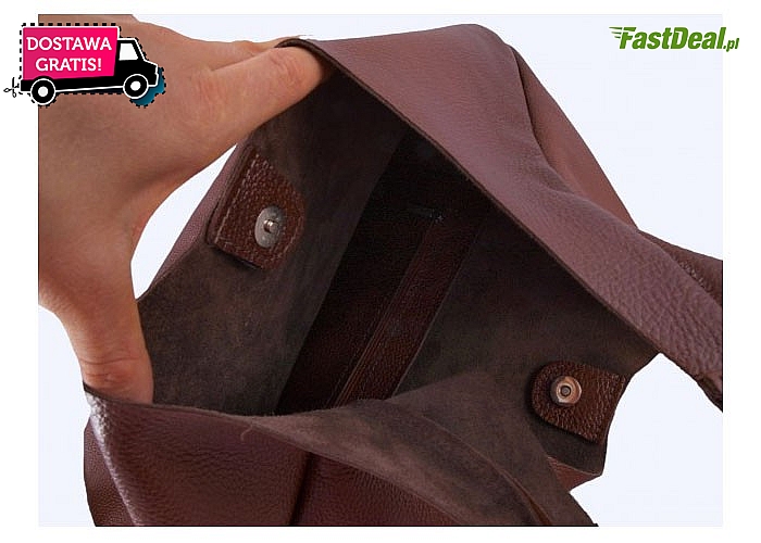 Skórzana torebka- worek. Praktyczna do noszenia na ramię i do ręki. Z zewnętrzną kieszonką zapinaną na magnes