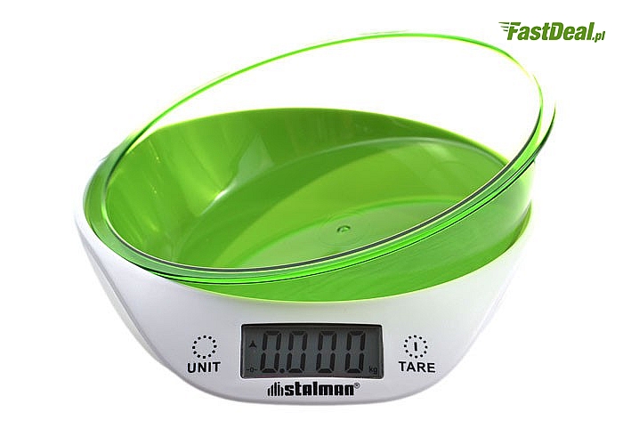 Elektroniczna waga kuchenna z zieloną miską! Obciążenie 5kg! Funkcja tarowania!