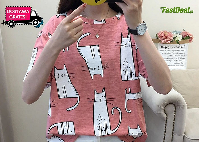 Idealna bluzka dla wszystkich fanek kotów! T-shirt z kreskówkowym motywem w dwóch kolorach do wyboru.