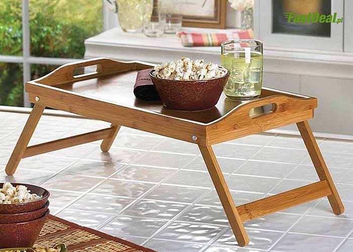 Drewniany stolik śniadaniowy- idealny na śniadanie do łóżka, do pracy czy do zabawy dla dzieci.