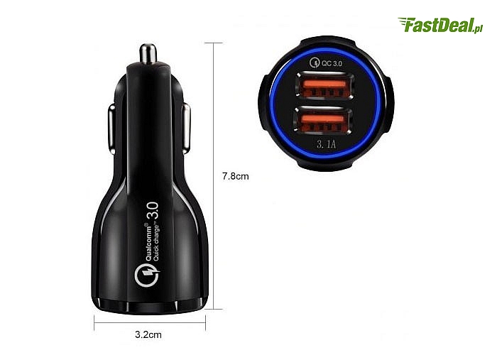 Szybka 3.1A ładowarka samochodowa QUALCOMM QC 3.0, kolor czarny