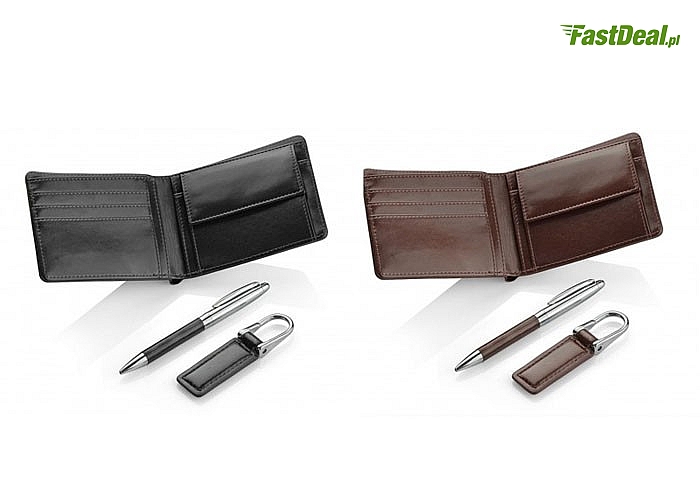 Piękny zestaw upominkowy składający się z 4 elementów: portfela, breloka na klucze, długopisu oraz eleganckiego pudełka