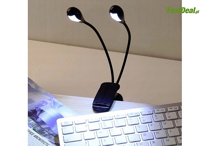 Bezprzewodowa podwójna lampka diodowa z klipsem, idealna do oświetlania stron czytanych książek oraz do laptopa