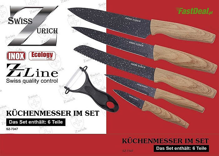 Zestaw wysokiej jakości szwajcarskich noży kuchennych z powłoką granitową Swiss Zurych.