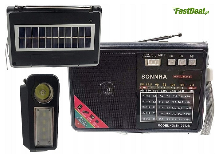 Przenośne radio solarne z latarką oraz gniazdem SD i złączem USB