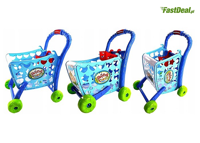 Zabawkowy wózek na zakupy! Koszyczek na lalkę, banknoty i kartoniki z produktami w zestawie!