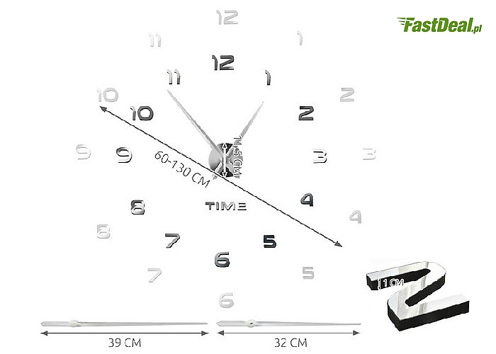 Nowoczesny duży zegar ścienny! Wskazówki godziny i minuty wykonane z metalu! Cyfry dające efekt 3D!
